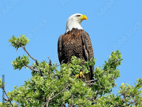 Majestic bald eagle perched high in a tree photo