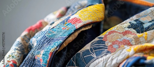 Close up view of intricately remade clothes crafted from vintage kimono fabric showcasing unique textile art and sustainable fashion photo