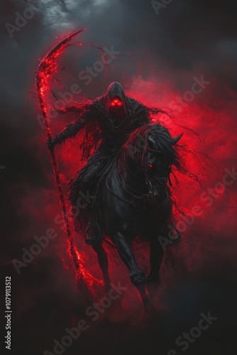 Grim reaper with scythe riding a horse. Fire, smoke. Halloween theme poster.