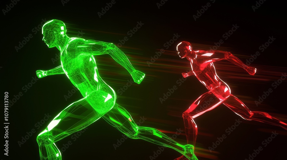 High-Speed Market Race: 3D Render of Green Athlete Outrunning Red Competitor in Trading Competition