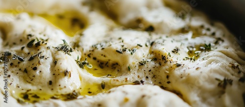 Close up of freshly prepared Focaccia bread dough showcasing herbs and olive oil for culinary inspiration