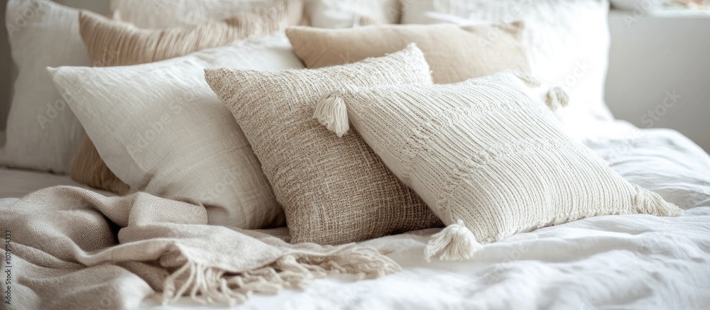Close up of luxurious white and beige soft pillows arranged on a plush bed with an elegant blanket interior design inspiration cozy ambiance Close up of luxurious white and beige soft pillows arranged on a plush bed with an elegant blanket interior design inspiration cozy ambiance