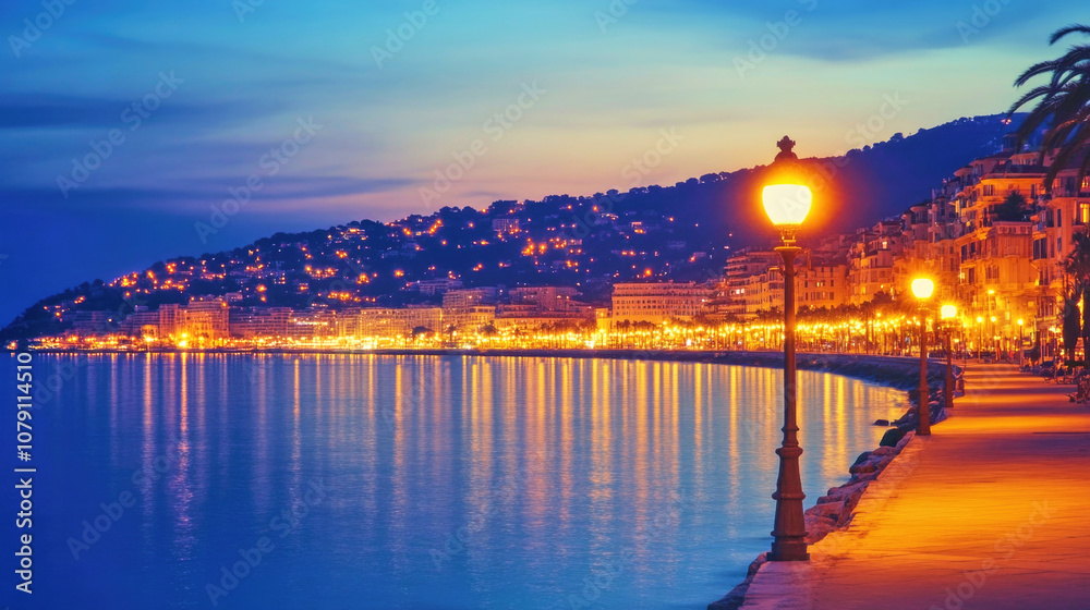 Illuminated coastal city skyline at night with a serene promenade and calm sea reflections Illuminated coastal city skyline at night with a serene promenade and calm sea reflections