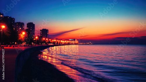 Nighttime view of a coastal city with illuminated promenade and calm sea reflecting city lights