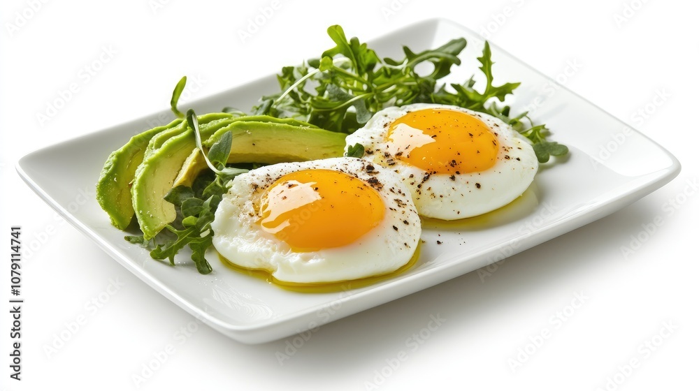 poached eggs with avocado and greens, minimalistic plate, healthy breakfast concept, isolated on white background poached eggs with avocado and greens, minimalistic plate, healthy breakfast concept, isolated on white background