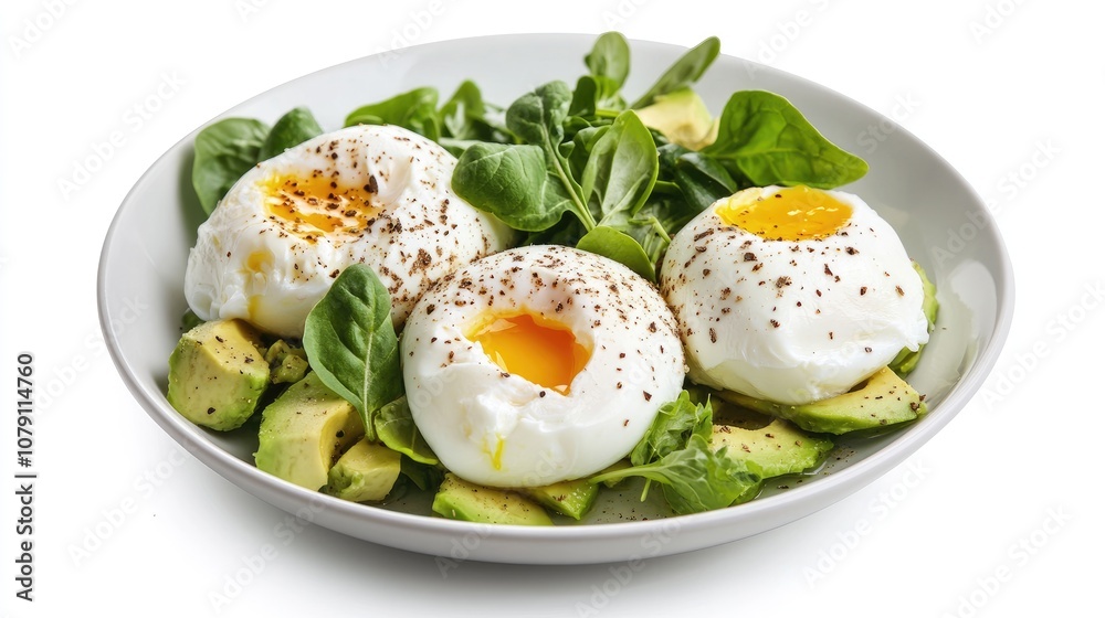 poached eggs with avocado and greens, minimalistic plate, healthy breakfast concept, isolated on white background poached eggs with avocado and greens, minimalistic plate, healthy breakfast concept, isolated on white background