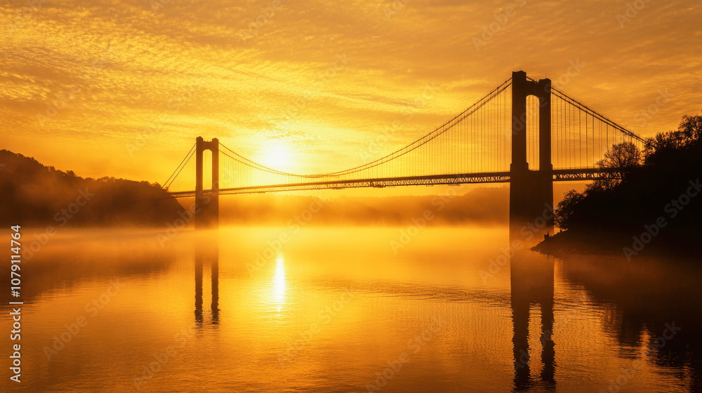 Silhouette of a long suspension bridge over misty waters during a tranquil sunrise with golden light Silhouette of a long suspension bridge over misty waters during a tranquil sunrise with golden light