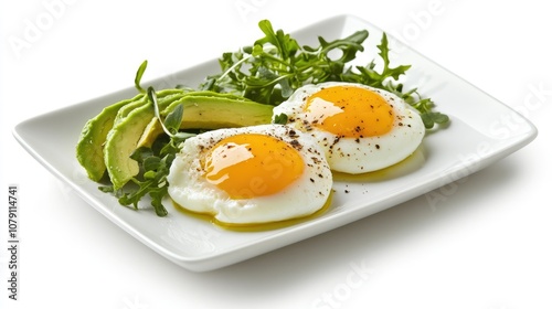 poached eggs with avocado and greens, minimalistic plate, healthy breakfast concept, isolated on white background photo