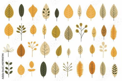 A vector illustration fof autumn leaves in flat, abstract shapes on a clean white background for eco-friendly or nature-themed designs