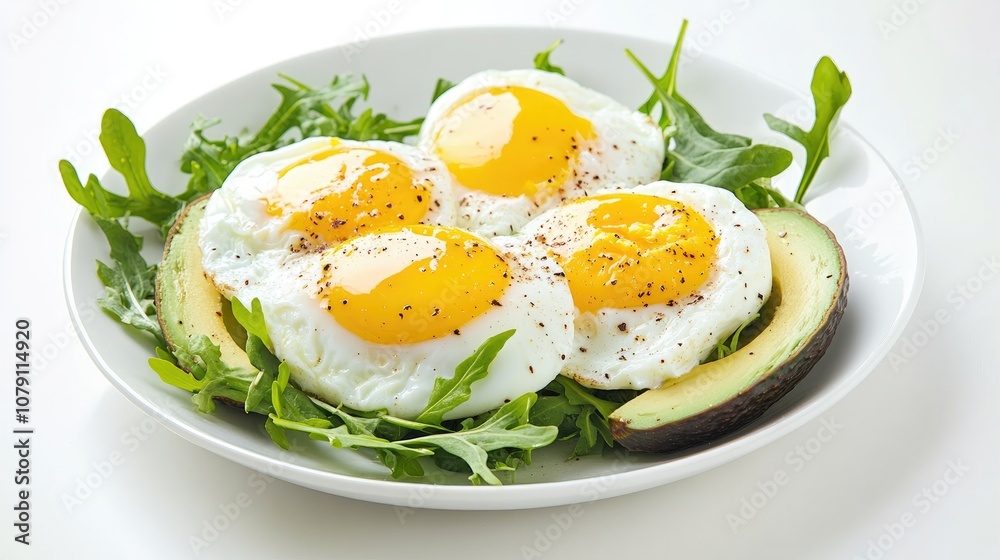 poached eggs with avocado and greens, minimalistic plate, healthy breakfast concept, isolated on white background poached eggs with avocado and greens, minimalistic plate, healthy breakfast concept, isolated on white background