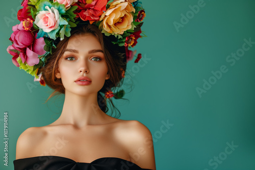 Portrait of a beautiful woman with colorful flowers on her head. #1079114984