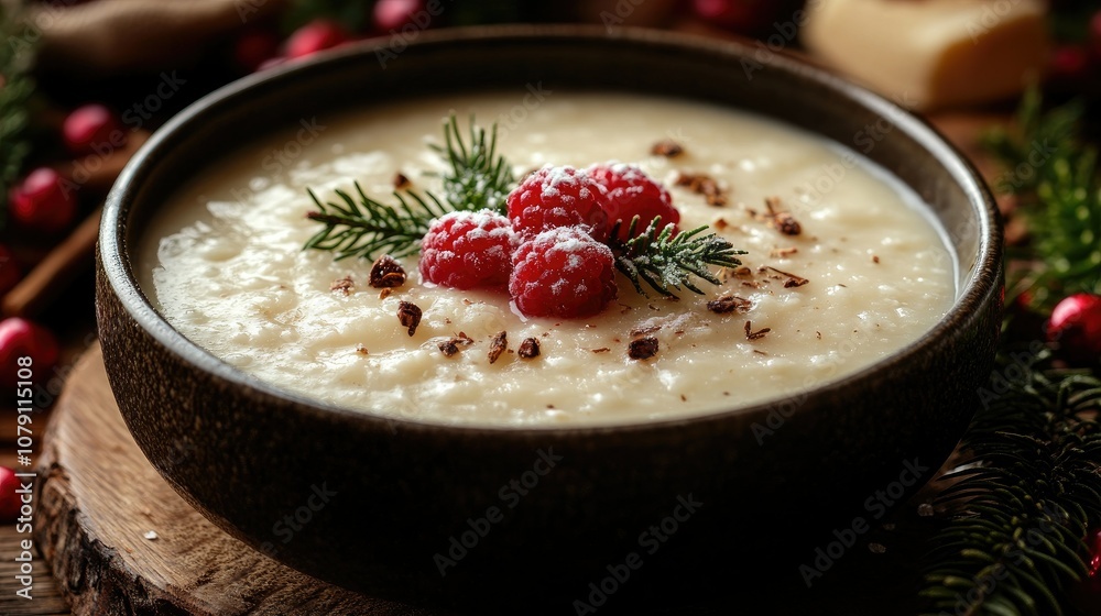 Creamy rice pudding topped with raspberries and nuts for dessert Creamy rice pudding topped with raspberries and nuts for dessert