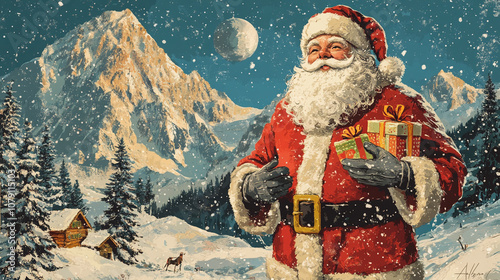Santa Claus delivers gifts in a snowy mountain landscape during winter festivities