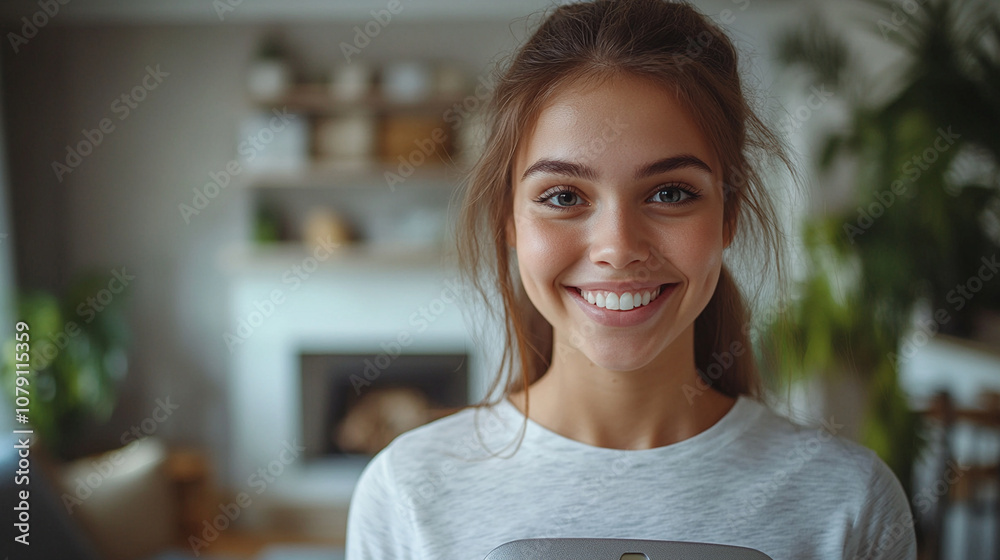 Cheerful young girl smiles brightly inside a cozy living room filled with plants and warm light Cheerful young girl smiles brightly inside a cozy living room filled with plants and warm light