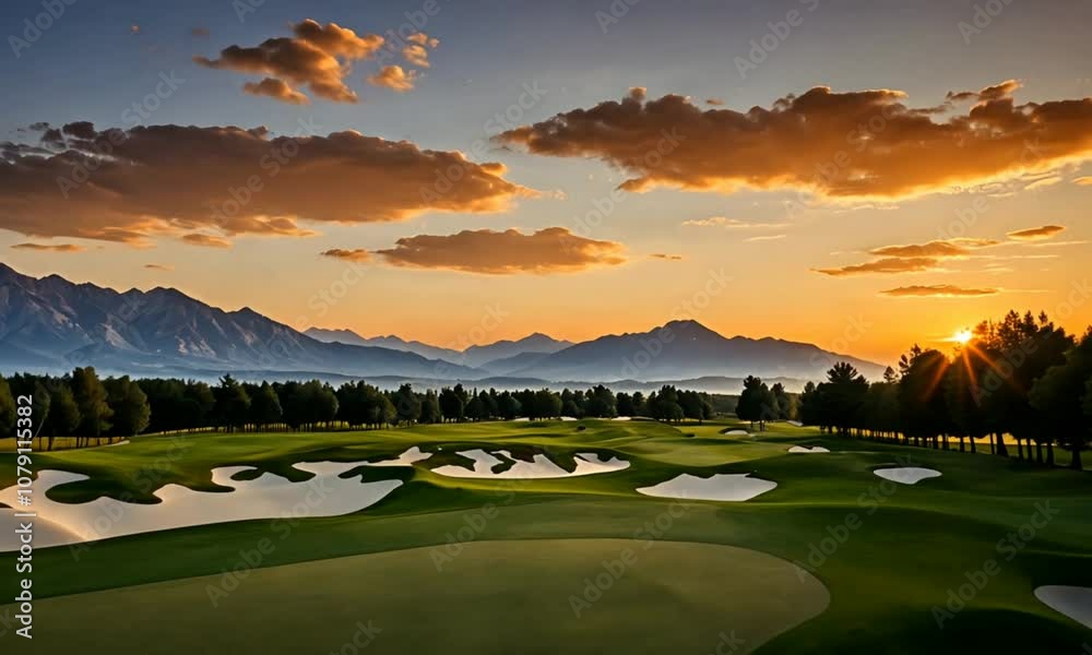 Beautiful golf course with sand bunkers and mountain views at sunset under dramatic sky. seamless looping time-lapse 4K video background Beautiful golf course with sand bunkers and mountain views at sunset under dramatic sky. seamless looping time-lapse 4K video background