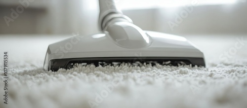 Close up of a modern vacuum cleaner s head working on a plush white carpet showcasing cleaning efficiency and design elegance photo