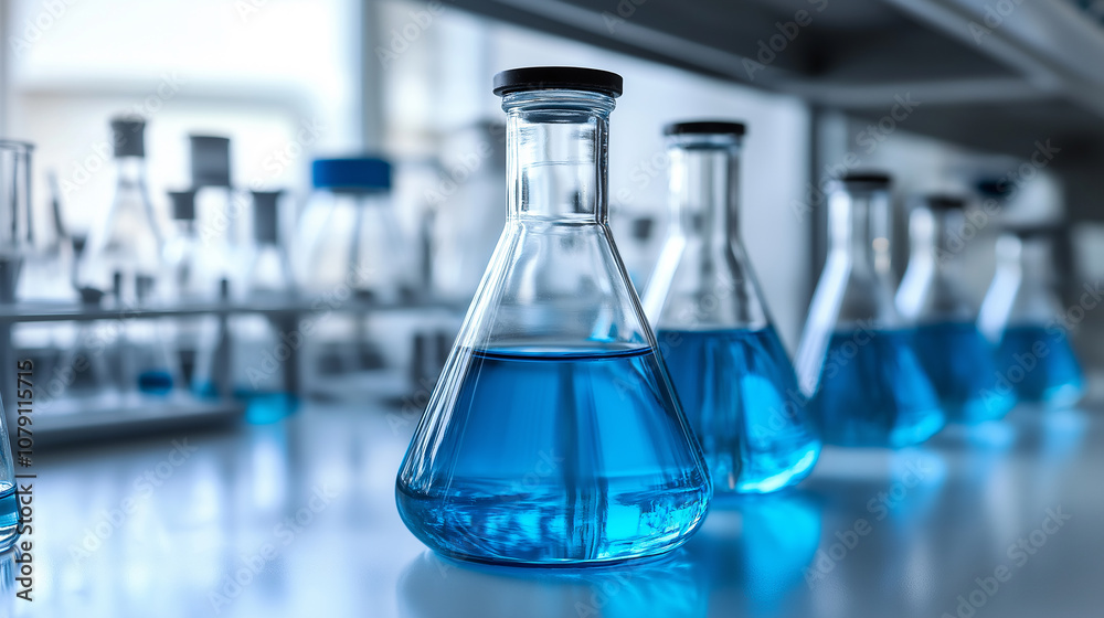 Glass Erlenmeyer flask filled with blue liquid, laboratory equipment for scientific experiments and research Glass Erlenmeyer flask filled with blue liquid, laboratory equipment for scientific experiments and research
