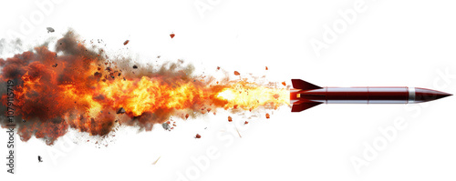 Rocket blasting off with intense flames and smoke trail. Cut out or PNG.