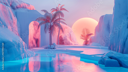 Surreal desert tropical with pool landscape for product presentation background. Generative AI