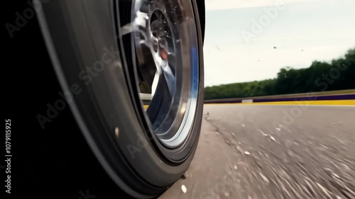 Zoom-in video of a sports car wheel speeding on a racetrack under high key lighting.
