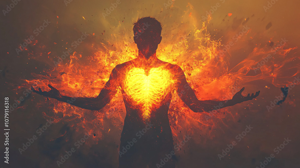  Fiery Heart Within Human Silhouette, Surrounded by Cosmic Flames and Energy, Symbolizing Love, Spirituality, and Inner Strength