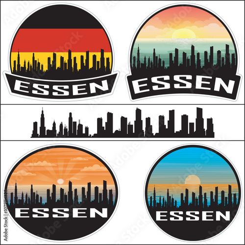 Essen Skyline Germany Flag Cityscape Silhouette Travel Souvenir Sticker Sunset Isolated Vector