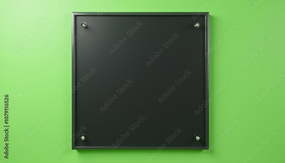 Fototapeta premium Simple black framed board on a bright green wall with copy space for text
