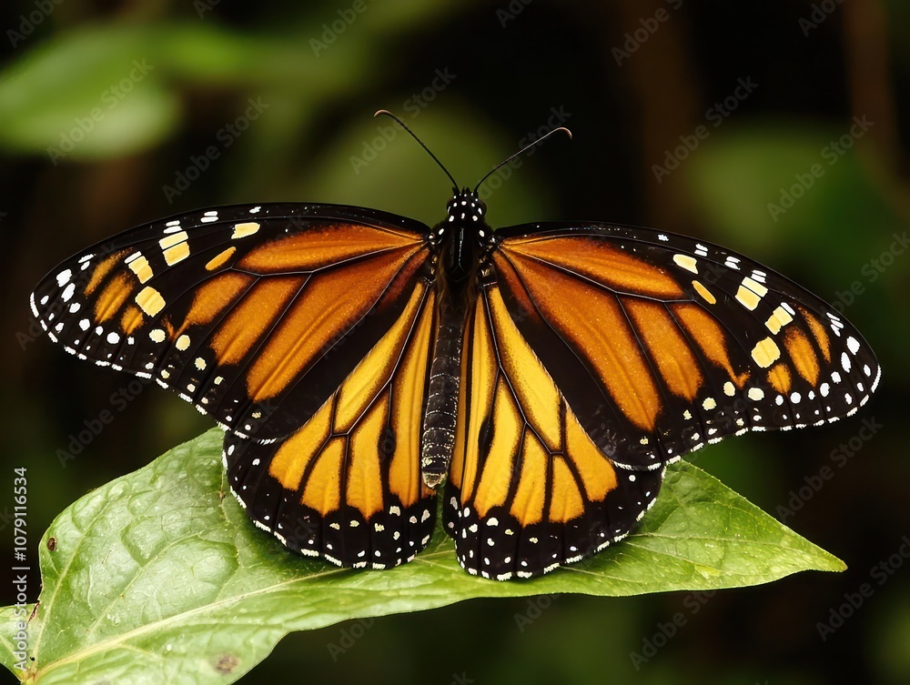 Monarch butterfly resting on a leaf in a serene setting Monarch butterfly resting on a leaf in a serene setting