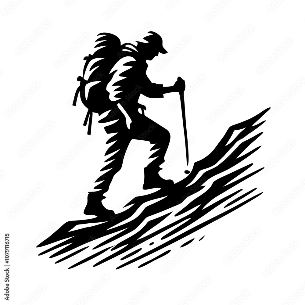 Silhouette of a climber ascending a mountain with a backpack and trekking pole Silhouette of a climber ascending a mountain with a backpack and trekking pole