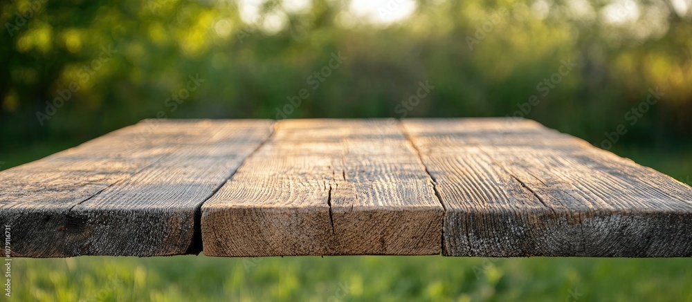 Fototapeta premium Close up of a rustic wooden table with a softly blurred background perfect for showcasing dining or interior design ideas