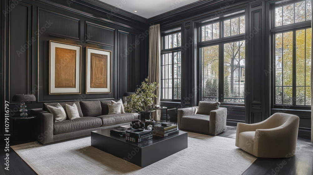 Luxurious Living Room with Dark Wood Paneling, Large Windows, and Plush Furniture Luxurious Living Room with Dark Wood Paneling, Large Windows, and Plush Furniture