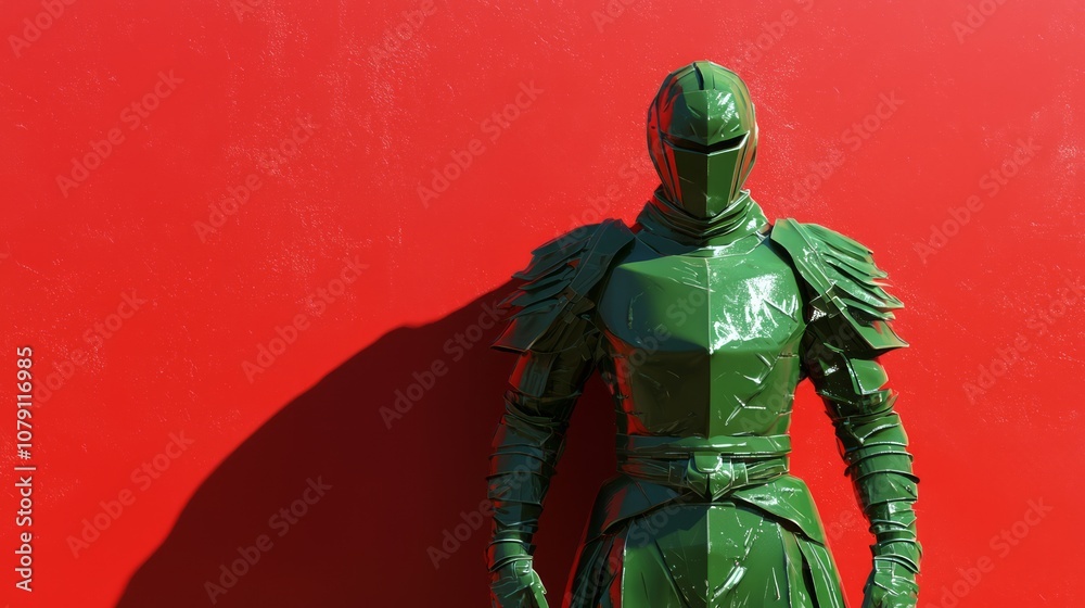 Fototapeta premium Defiant Green Warrior Facing Red Wall in 3D Render Symbolizing Trader's Challenges. Ultra-Detailed Concept Artwork.