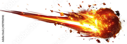 Intense fiery comet streaking through space with flames. Cut out or PNG.
