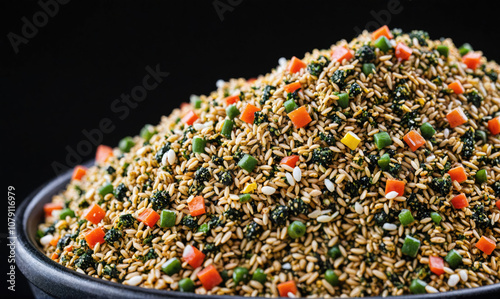 A bowl of dry birdseed with a mix of oats, millet, and chopped vegetables photo