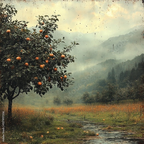 A lone apple tree stands in a foggy field with a small creek winding through it. photo