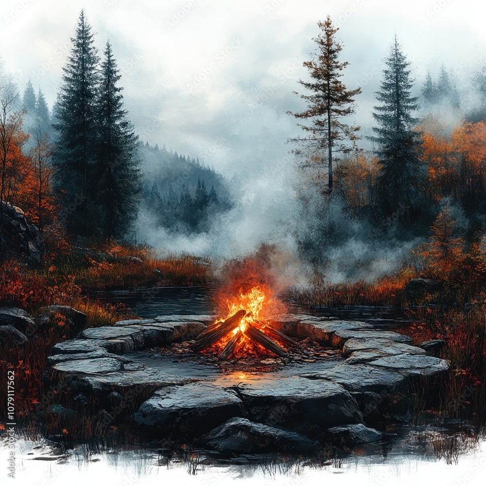 A crackling fire burns brightly in a stone ring, surrounded by tall trees and mist in the autumn forest. A crackling fire burns brightly in a stone ring, surrounded by tall trees and mist in the autumn forest.