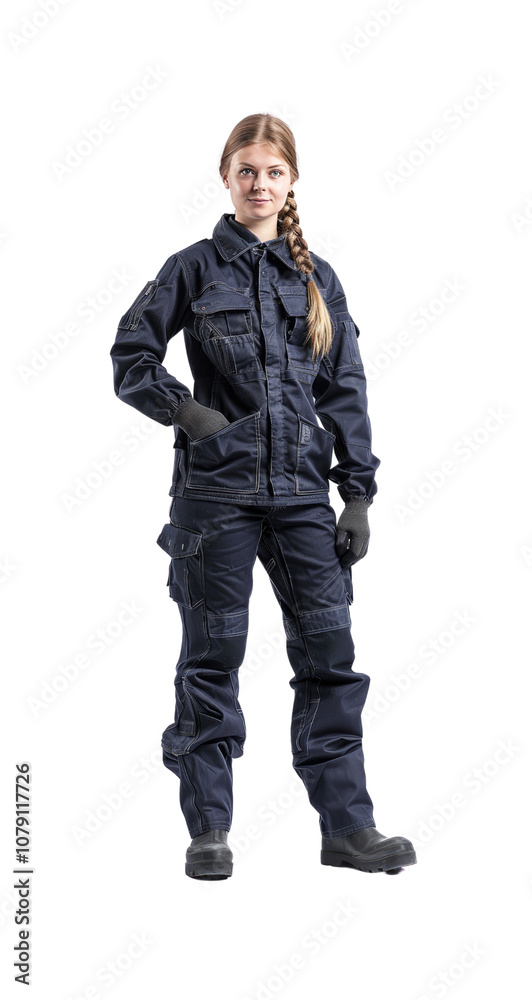 Full body shot of a determined female mechanic in a blue uniform, exuding confidence. Cut out or PNG. Full body shot of a determined female mechanic in a blue uniform, exuding confidence. Cut out or PNG.
