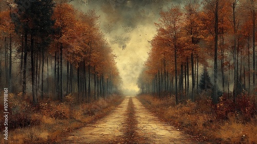 A misty forest path lined with autumn trees, leading to an unknown destination.