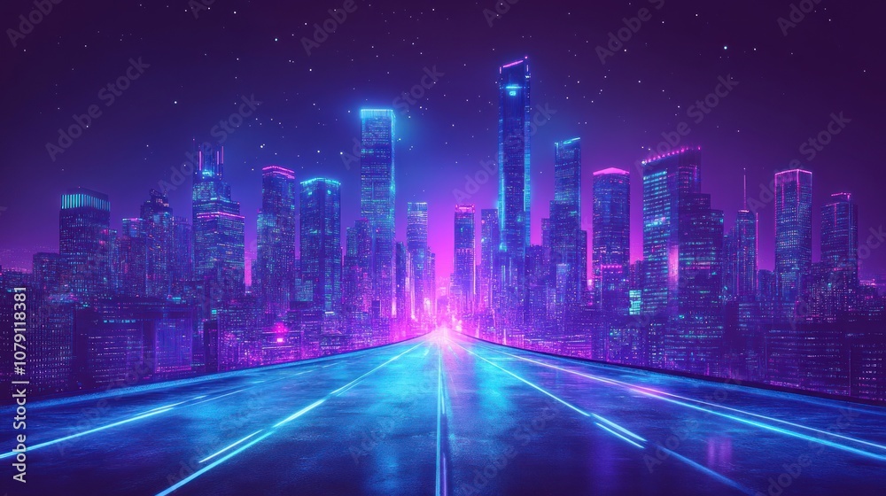 Neon-Lit Cityscape with Empty Highway at Night Neon-Lit Cityscape with Empty Highway at Night