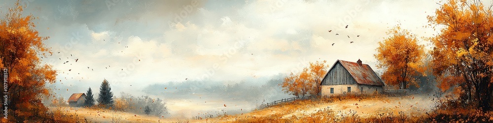 Naklejka premium A cozy cabin sits nestled among autumnal trees, a gentle breeze carrying fallen leaves through the air.