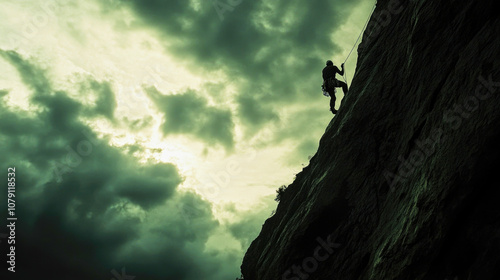 Climber rappelling down a steep cliff under dramatic clouds in the early evening