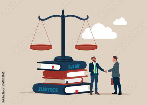 Client shakes hands with lawyer. Law and justice. Modern vector illustration in flat style. 