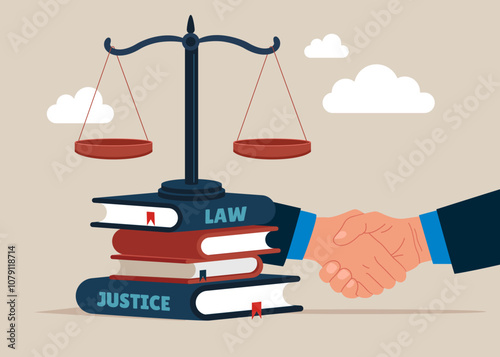 Law books and big scales in balance. Client shakes hands with lawyer. Modern vector illustration in flat style. 