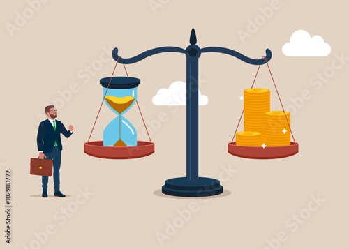 Time value. Compare money to time. Sand clock and stacked coins on Seesaw. Modern vector illustration in flat style. 