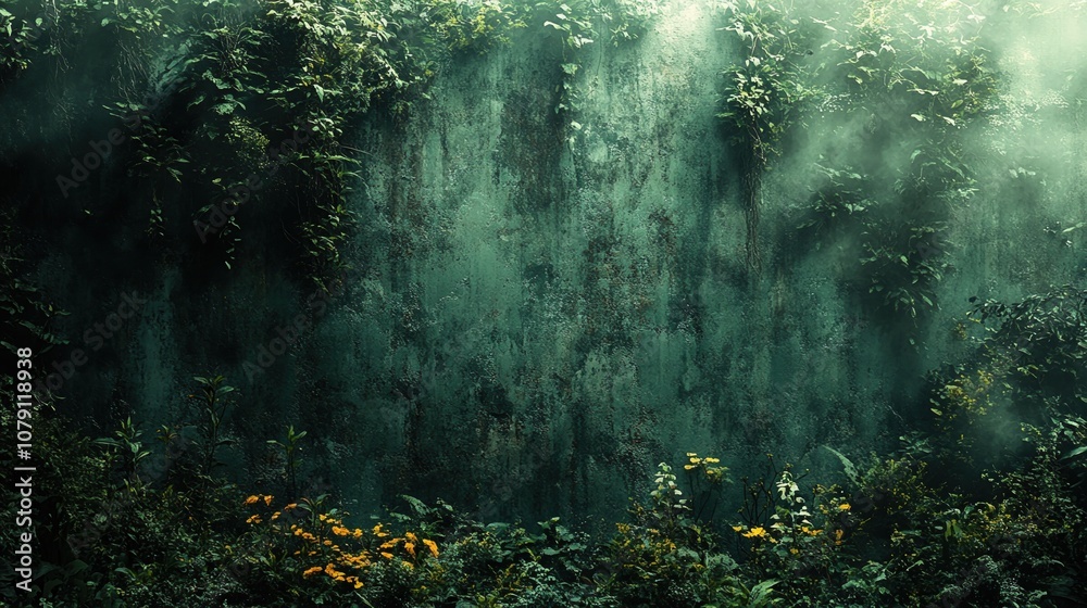 A textured green wall is overgrown with vines and plants, creating an eerie and atmospheric scene. A textured green wall is overgrown with vines and plants, creating an eerie and atmospheric scene.