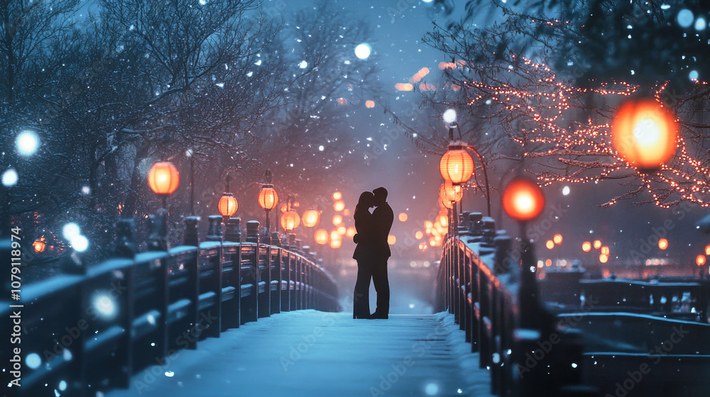 Couple embraces on a snowy bridge under glowing lanterns in a tranquil winter night Couple embraces on a snowy bridge under glowing lanterns in a tranquil winter night