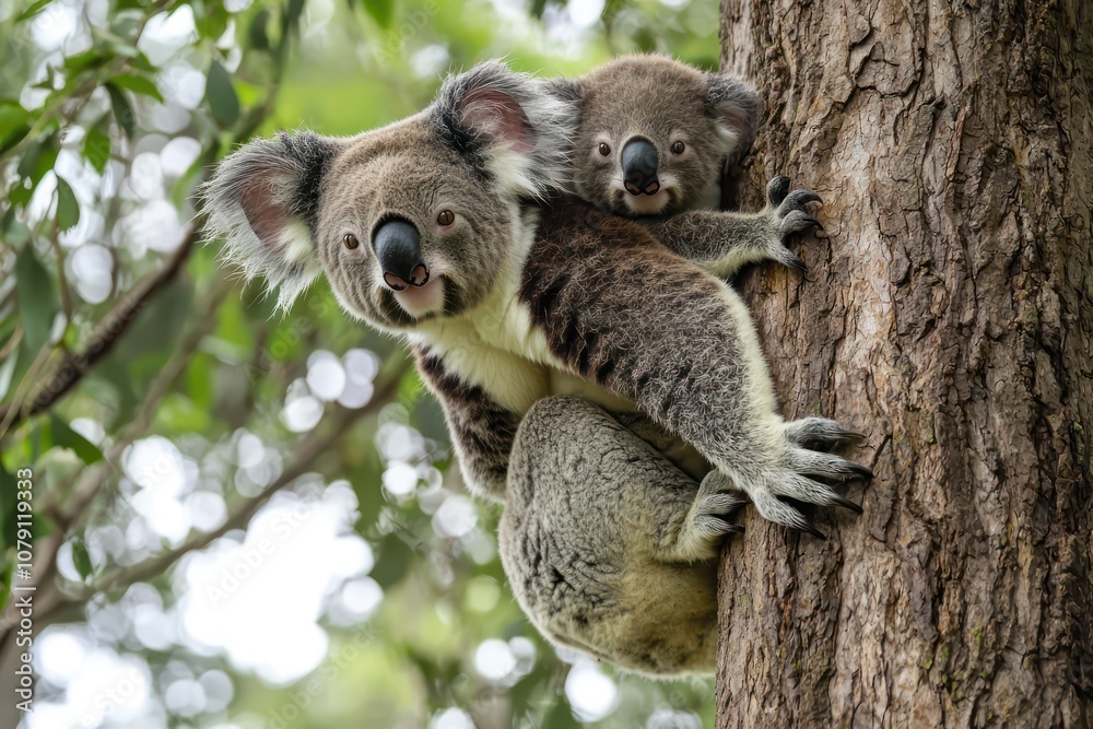 Naklejka premium Mother koala carrying her baby on her back, climbing a tree