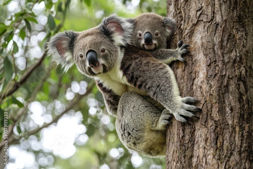 Mother koala carrying her baby on her back, climbing a tree