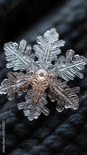 A of an icy snowflake pin on fabric, showcasing its intricate details and shimmering design, perfectly enhancing the texture of the clothing, ideal for a phone wallpaper.