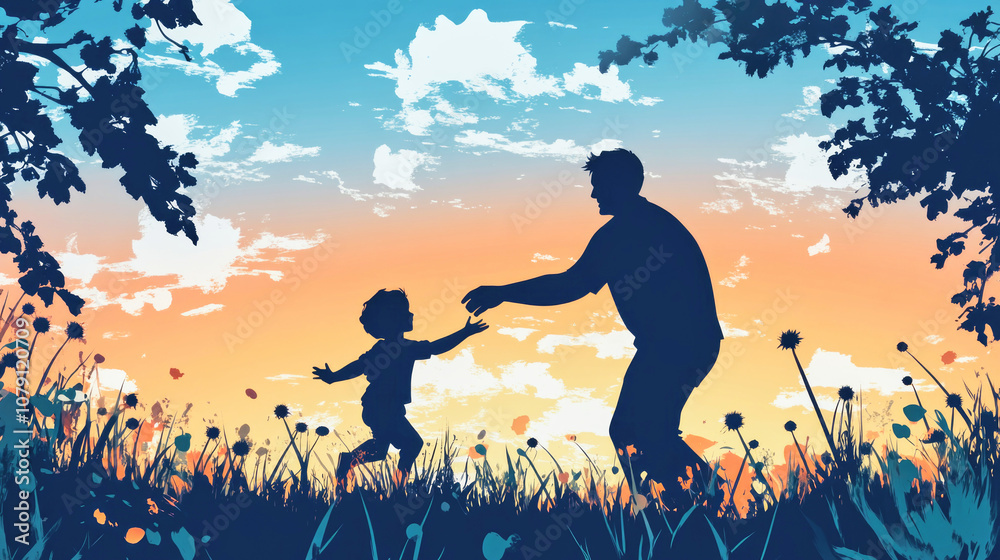Father joyfully playing with his child against a warm sunset sky backdrop Father joyfully playing with his child against a warm sunset sky backdrop
